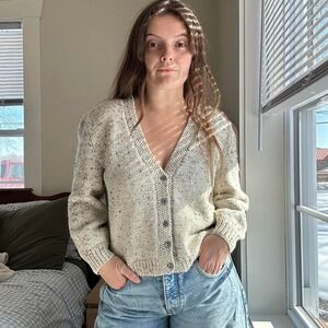 Vintage Oatmeal Marled Handknit Cropped Button Up Cardigan Size S